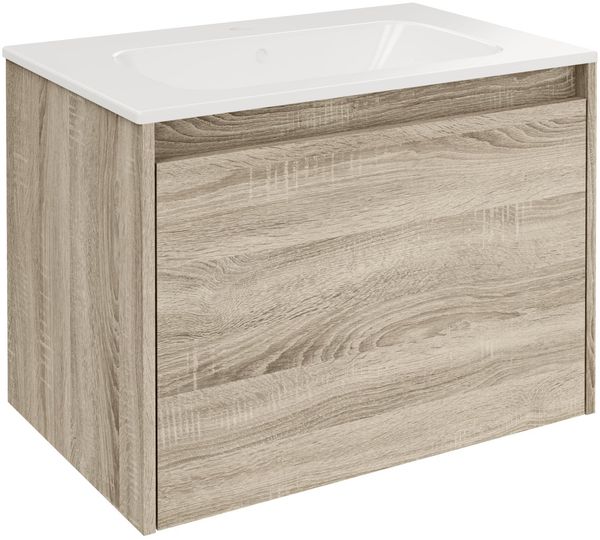 FACKELMANN COMPACT LINE Waschbecken mit Unterschrank 71 cm breit, Braun, Waschbecken Keramik Weiß, 1 Schublade