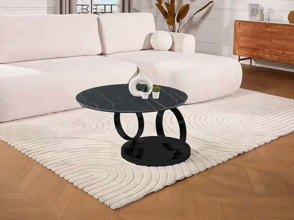 Vente-unique - Couchtisch mit drehbaren Tischplatten - Keramik & Glas - Schwarz mit Marmor-Effekt - JOLINE