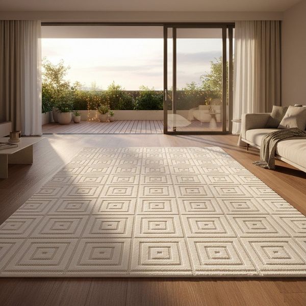 Vimoda Designteppich hoch/tief Motiv, Kurzflor Teppich Creme, Uni, Rechteckig, Höhe: 10 mm, Teppich Boho Design, Wohnzimmer, Schlafzimmer& Küche