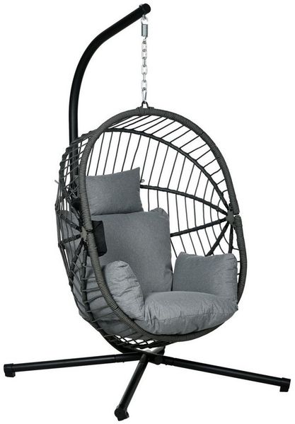 Outsunny Hängesessel Hängeschaukel mit Kissen, Hängestuhl mit Klappbarem (Sitzkorb, 1-St, Becherhalter), Rattanoptik für Indoor, Outdoor, bis 120 kg Belastbar, Stahl, Grau