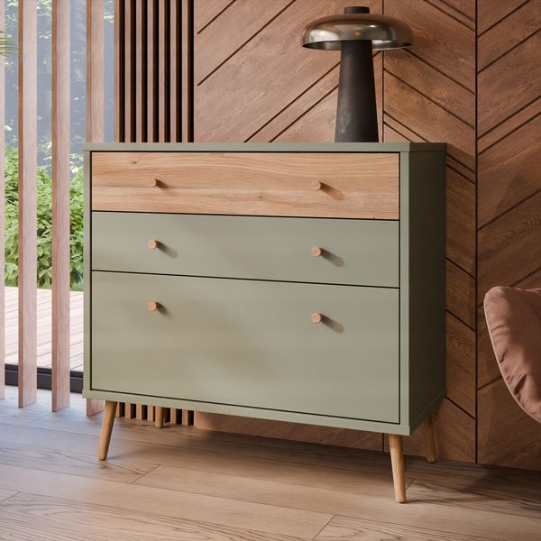 Forte HARLLSON Sideboard 160, EasyKlix by FORTE, Kommode mit 3 Schubladen, Skandinavischer Stil, Holzwerkstoff, Salbei / Mauvella Eiche Holzdekor, 90 cm breit x 86 cm hoch x 41 cm tief