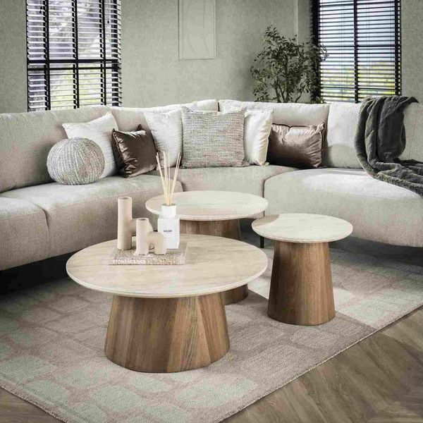 Couchtisch 3er-Set Joradis, Keramik in Travertin-Optik, modern rund, beige, nachhaltiges Design