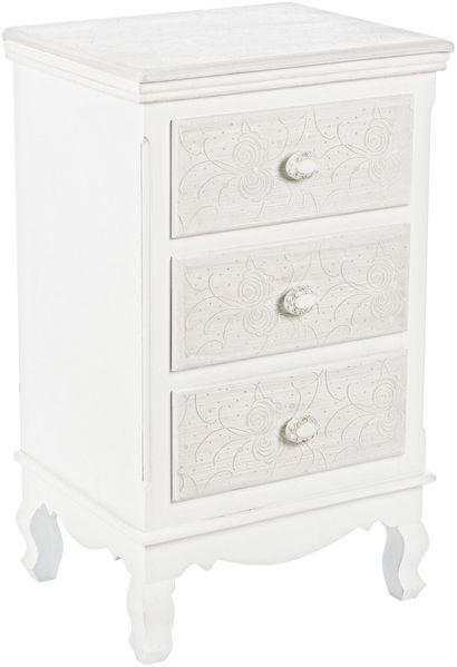 Kommode Clorinne aus MDF, geschnitztes Blumenmuster, klassischer Stil, weiß, 3 Schubladen