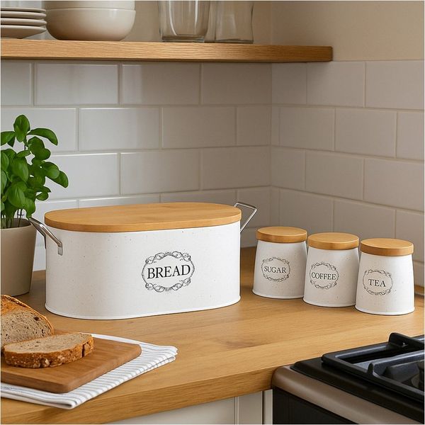 Neuetischkultur Brotkasten Brotkasten Vorratsdosen 4er-Set Landhaus Weiß, Eisen, (Set, 4-tlg, 1 Brotkasten, 3 Vorratsdosen), Metall Kaffeedose Teedose Zuckerdose