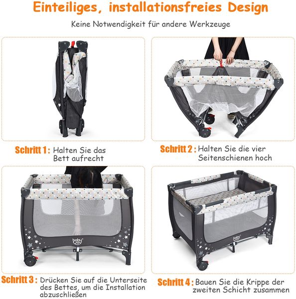 2 in 1 Reisebett & Laufstall Klappbar Kinderbett 125 x 65 x 76 cm Grau