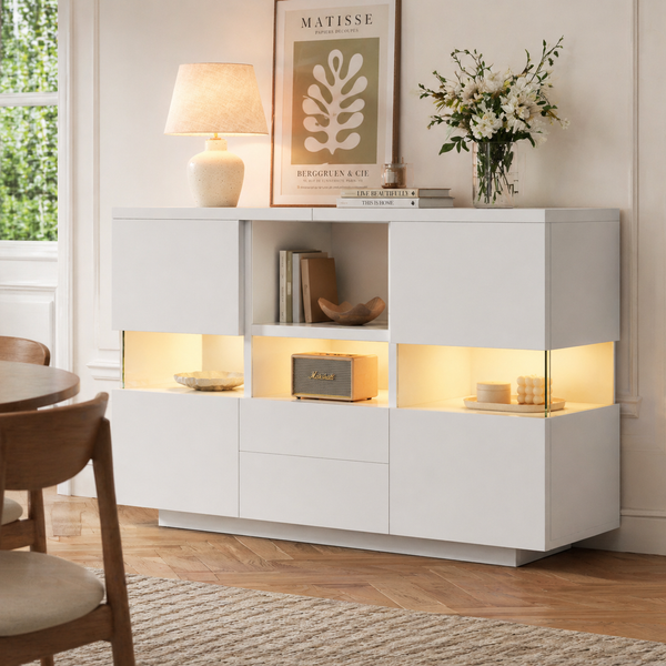 Sideboard 140 x 35 x 75 cm aus Holzwerkstoff in Weiß, doppelschichtiges Design mit Schubladen und Glasvitrine