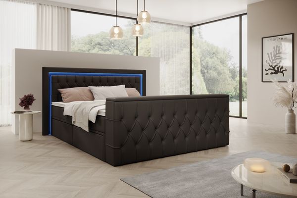 Boxspringbett Arosa TV, Boxspringbett mit Schubladen, TV-Lift LED Beleuchtung, Doppelbett mit Matratze, Kunstleder, 180 x 200 cm, Schwarz
