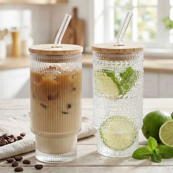 Levandeo® Glas, 2er Set Trinkglas Deckel Strohhalm 250ml Bambusdeckel Trinkbecher