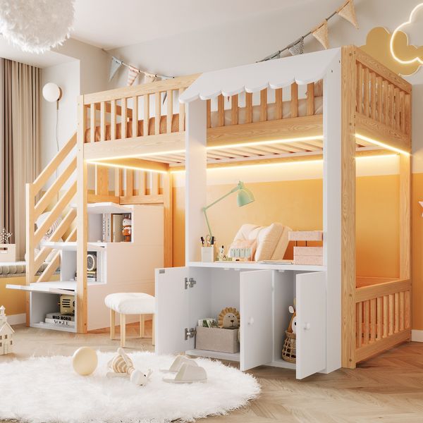 Merax Hochbett 90×200 cm, Einzelbett, mit Stauraumschrank, Stauraumtreppe, Mehrfarbiger LED-Lichtleiste, Traufendesign, Lattenrost, Holzfarbe