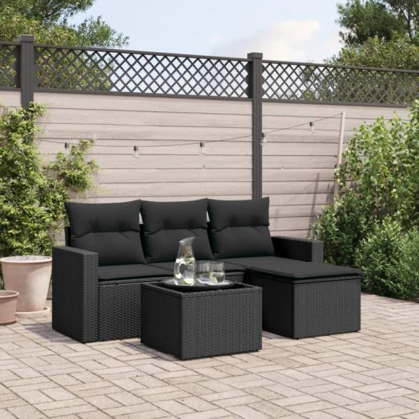 vidaXL 5-tlg. Garten-Sofagarnitur mit Kissen Schwarz Poly Rattan 3218865 Bild 1