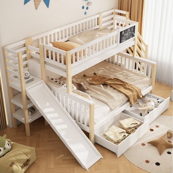 Flieks Etagenbett, Kinderbett 90x200cm+140x200cm mit Tafel, 2 Schubladen, Rutsche, Treppe