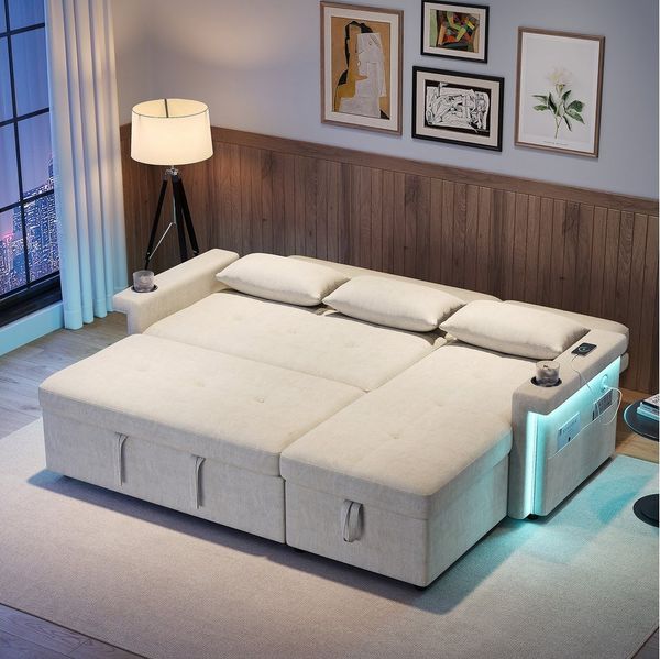 Merax Schlafsofa mit LED-Beleuchtung & USB, Ecksofa mit Schlaffunktion, Chenille 1 Teile, L-förmiges Sofa mit verstellbarer Rückenlehne, Stauraum & 3 Zierkissen