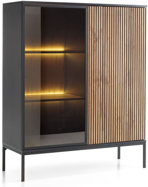 Selsey 'Tosena' Vitrine 2-türig mit LED, schwarz / Wotan Eiche, ca. 126 x 104 x 39 cm