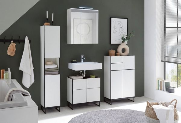 moebel-dich-auf Badmöbel-Set VEGAS, (Set 1, 4-St, Hochschrank, Spiegelschrank, Wbu, Highboard), Weiß matt, Absetzung: Schwarz