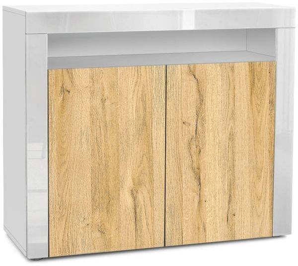 Vladon Kommode Valencia, Sideboard mit 2 Türen und 1 offenem Fach, Weiß matt/Eiche Natur/Weiß Hochglanz (108 x 92 x 40 cm)
