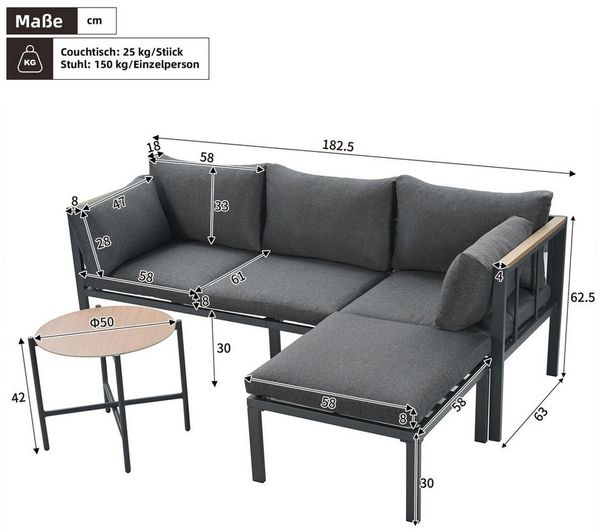 Celya Gartenlounge-Set Gartenlounges Balkon, Gartenmöbel Set 4 Personen, Eckgarnitur, (verzinktes Stahlrohr, Glastischplatte, geeignet für Gärten, Schwimmbäder und andere Außenbereiche, Grau), Gartenmöbel-Set, Eckgarnitur, Sofa + Couchtisch + Fußhocker