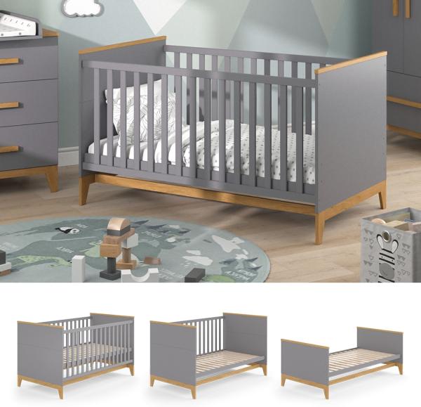 VitaliSpa Kinderbett Babybett Juniorbett Malia Grau Eiche modern 70x140 cm Kinderzimmer Bett Babyzimmerbett Kindermöbel Babymöbel Schlupfsprossen Lattenrost Rausfallschutz Einzelbett