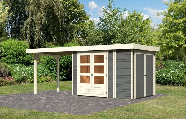 Karibu Gartenhaus Retola 2 terragrau 19mm mit Anbauschrank + 2,40m Anbau Anbau 2,8m