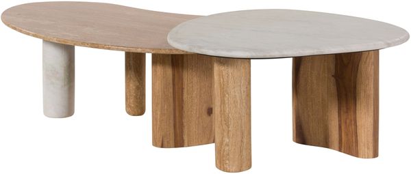 Couchtisch Sheesham 2er-Set natur sandgestrahlt lackiert / Marmor weiß ORGANIC COLLECTION #33