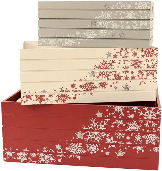 Online-Fuchs Geschenkbox 3er Set Deko Holzkisten, ideal als Geschenkverpackung zu Weihnachten - (Geschenkpapier, Geschenktüten, bedruckt mit Sternen und Schneeflocken, Weinkisten-Art)