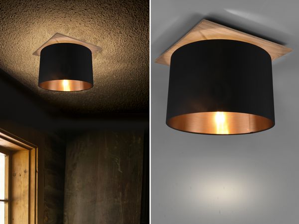 Deckenleuchte mit Stoff Lampenschirm in Schwarz/Gold und Holz Sockel, Ø 40cm