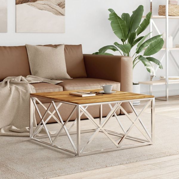 vidaXL Couchtisch Silbern Edelstahl und Massivholz Akazie 349975