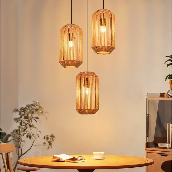 ZMH Pendelleuchte Hängelampe Boho Hängeleuchte Rattan Vintage E27 Fassung, ohne Leuchtmittel