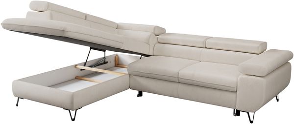 Mks Möbel 'Peter L-form' Ecksofa mit Bettfunktion, Bettkasten & einstellbaren Kopfstützen, Hellbeige, Mikrofaser, mit Topper, links Bild 5