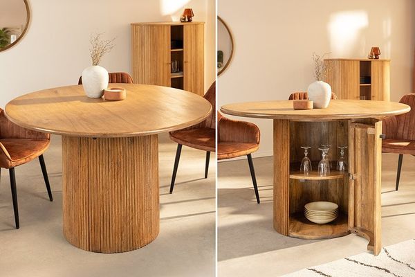 riess-ambiente Esstisch TRES CHIC Ø120cm braun Mangoholz – rund, Säule, mit Stauraum & Ablage (Einzelartikel, 1-St), Massivholz Design, rustikaler Stil, runder Tisch, Stauraum im Fuß