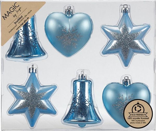 MAGIC by Inge Weihnachtsbaumkugel, Christbaumschmuck Formen Mix 9cm Kunststoff 6er Set - Aqua Blue