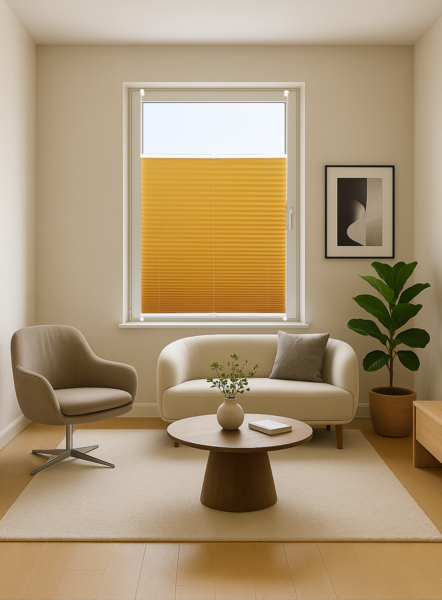 ondeco Plissee ohne Bohren mit Klemmträger viele Farben, Sonnenschutz für Fenster innen, Lichtschutz und Blickdicht, Plissee klemmfix Faltrollo Sichtschutz für Tür - Gold-Ocker - 100x130 cm