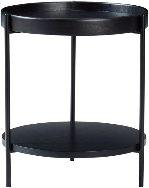 Modern 2-Tier Round Side Table, Nordic Style Wood-Grain Tray End Table with Metal Frame, Sofa Side Table for Living Room (Black)