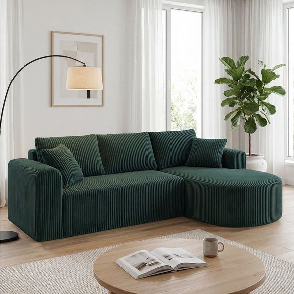 COMHOMA Sofa Ecksofa mit Schlaffunktion, Corduroy Modulares Boneless Couch, mit Chaiselongue, L-Form Schlafsofa, Sektionssofas mit Kissen & Seitentaschen