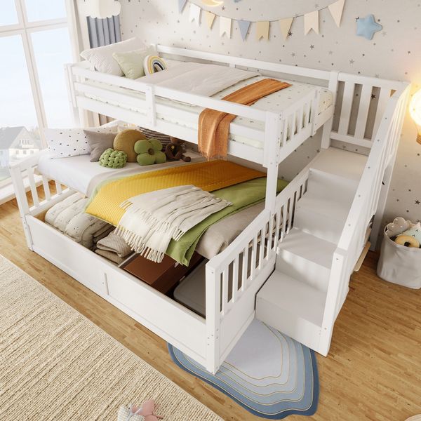 Etagenbett mit 2 Liegeflächen, Stauraum und Rausfallschutz, 90x200cm/140x200cm, Treppe mit Regal, Kinderbett, Jugendbett, Kiefer