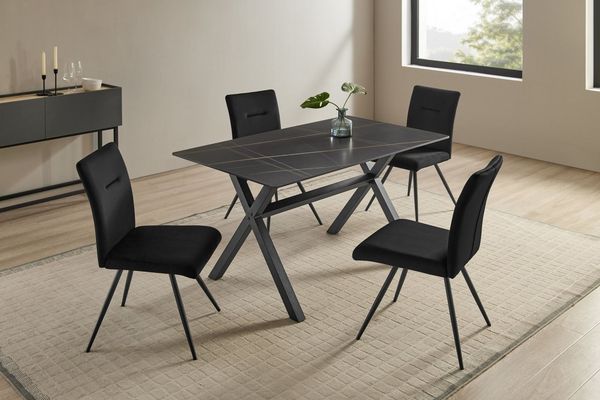 OTTO home Essgruppe Arye, (Set, 5-tlg, 140 cm Esstisch + 4 Stühle), Samt- oder Strukturstoffbezug, Metallgestell, Tischplatte Sinterstein