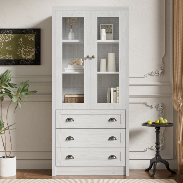 Modernes Highboard 80 x 34 x 171 cm – Holzoptik mit Glastüren und 3 Schubladen