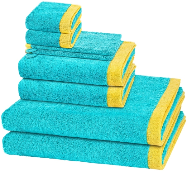 Cawö Lifestyle Splash 8 tlg. Frottier-Set - 2 X Handtuch (50 X 100cm), 2 X Duschtuch (70 X 140cm), 2 X Gästetuch (30 X 50cm), 2 X Waschhandschuh (16 X 22cm) - 522 g/m2 - Türkis / apricot