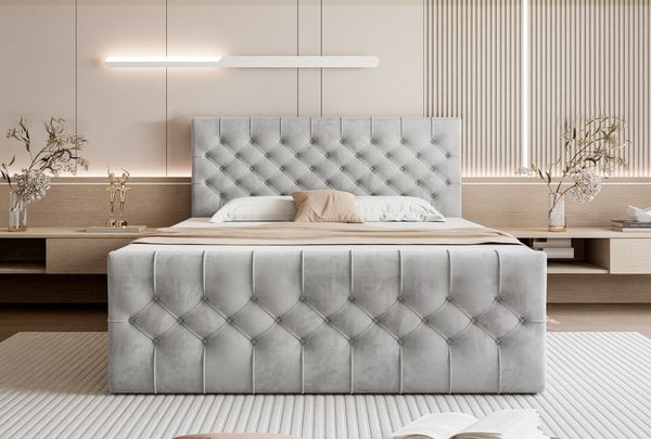 Goldstoff Boxspringbett TAURIEL mit Federkernmatratze & Topper, zwei Bettkästen (von 120 bis 200x200 cm), modernes Doppelbett aus Velvet Stoff mit edlem Kopfteil