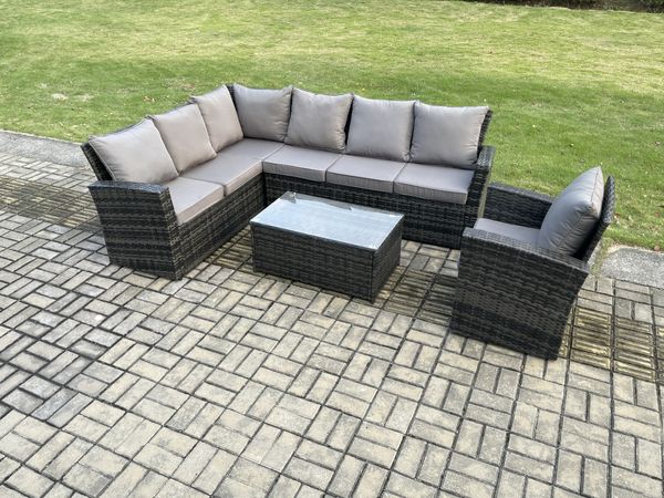 Fimous 7 Sitzer Outdoor Gartenmöbel-Set Ecksofa Set Terrassen Sofa Sessel Tisch Set mit Rechteckiger Couchtisch Dunkelgrau gemischt