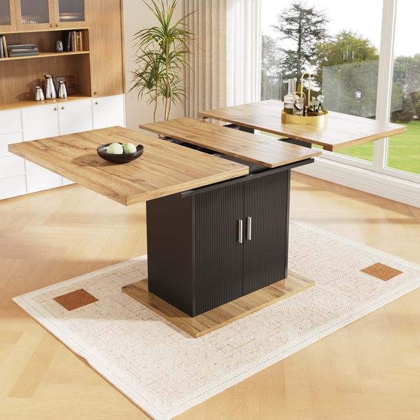 Esstisch Teleskoptisch(140×70cm), Ausziehbarer Esstisch mit Ablagefläche,platzsparender Küchentisch,Esstisch mit drei Ablageebenen,Ausziehbarer Esstisch,für Küche und Wohnzimmer,Natürliches+Schwarz