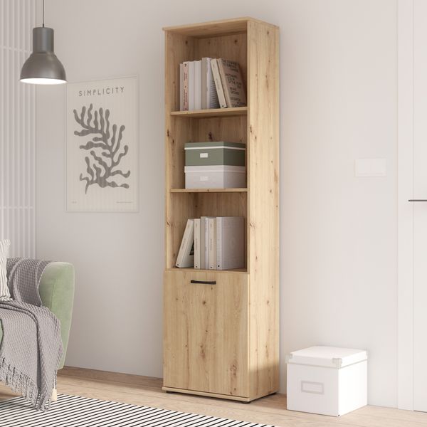 Forte NIKO Regal 50, Skandi-Bücherregal, 3 Einlegeböden, 1-türig, Holzwerkstoff, Wohn-/Schlafzimmer/Büro, Artisan Eiche Holzdekor, 50,2cm breit x 180,9 cm hoch x 29,1 cm tief