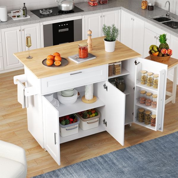 132.5*44(70)*90cm großer mobiler Küchentisch, Arbeitsplatte klappbar, Eiche Maserung, multifunktionaler Schrank, Gewürzregal, Handtuchhalter, 5 Rollen, geeignet für Küche/Essen/Haus