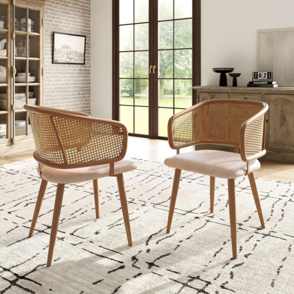 2er Set beige-brown Esszimmerstuhl Rattan-Rücken kunstleder Sitzkissen Metallbeine Holzmaserung Modern Komfortabel,