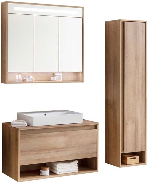 FACKELMANN NATURA Badmöbel Set 4-teilig 94 cm breit, Braun hell, Aufsatzwaschbecken Keramik Weiß + LED Spiegelschrank + Hochschrank Türanschlag rechts