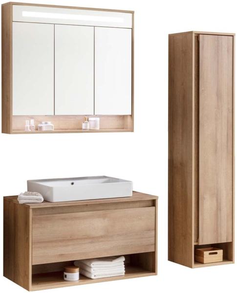 Fackelmann NATURA Badmöbelset 4-teilig, 94 cm, Braun hell + Spiegelschrank + Hochschrank rechts
