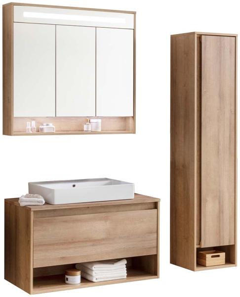 Fackelmann NATURA Badmöbelset 4-teilig, 94 cm, Braun hell + Spiegelschrank + Hochschrank rechts