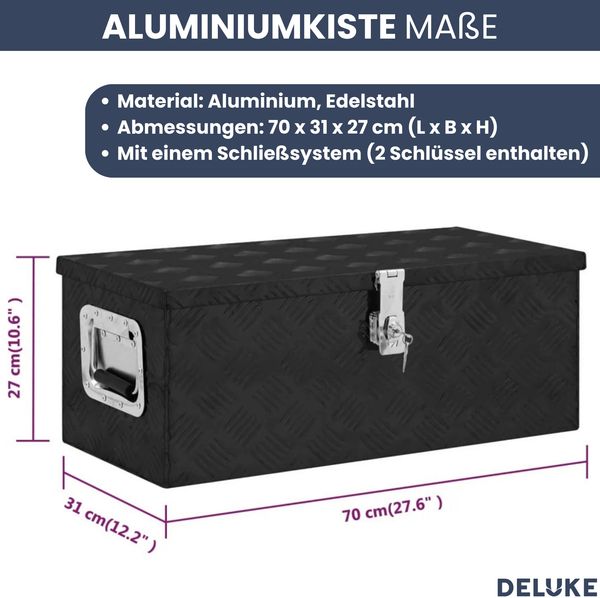 Aluminiumbox mit Deckel - Abschließbar | Alubox Deichselbox Alu Anhängerbox Werkzeugkiste Metall Transportbox Metallkiste, 70x31x27cm Schwarz Bild 3