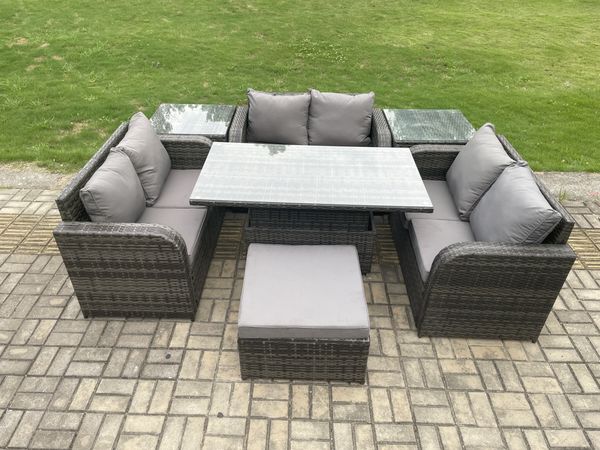 Fimous Rattan Garten Möbel Satz Patio justierbarer Aufsteigenderr Esstisch mit 2 Beistelltisch Großer Fußhocker