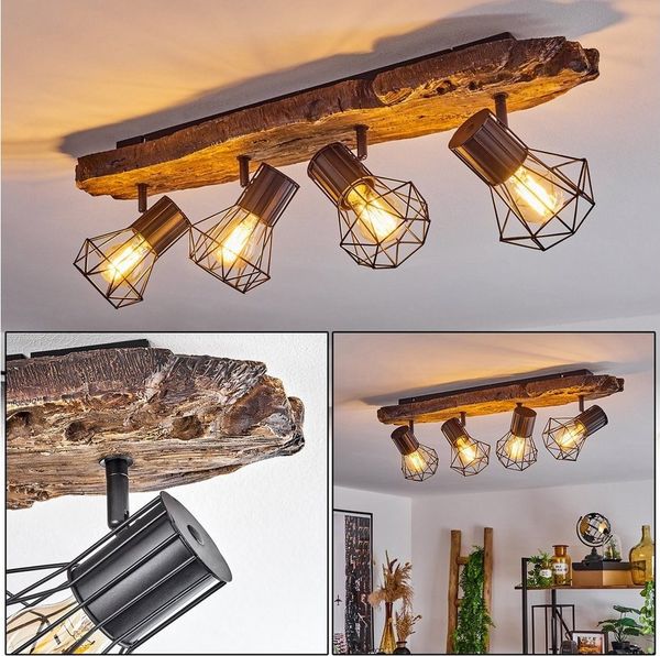 hofstein Deckenleuchte »Pomari« Deckenlampe aus Metall in Schwarz/Holzoptik, Spot m. verstellbaren Schirmen in Gitter-Optik m. Lichteffekt, E27
