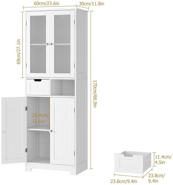 HOMECHO Hochschrank Badezimmerschrank Badschrank mit 4 Türen 2 Schubladen Weiß Bild 2